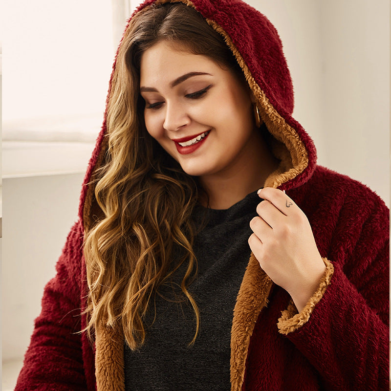 European And American Style Hooded Flocking Large Size Coat
