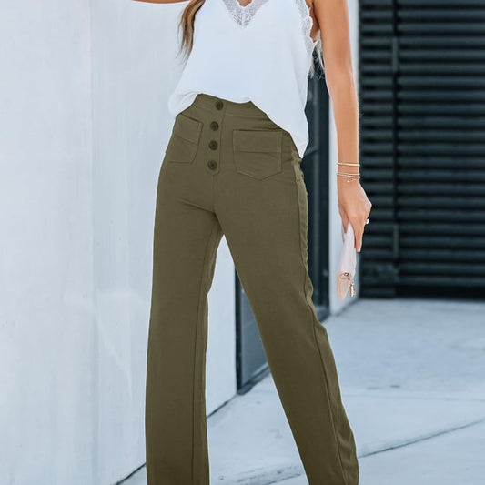 Women's Casual Straight Pants High Waist Button