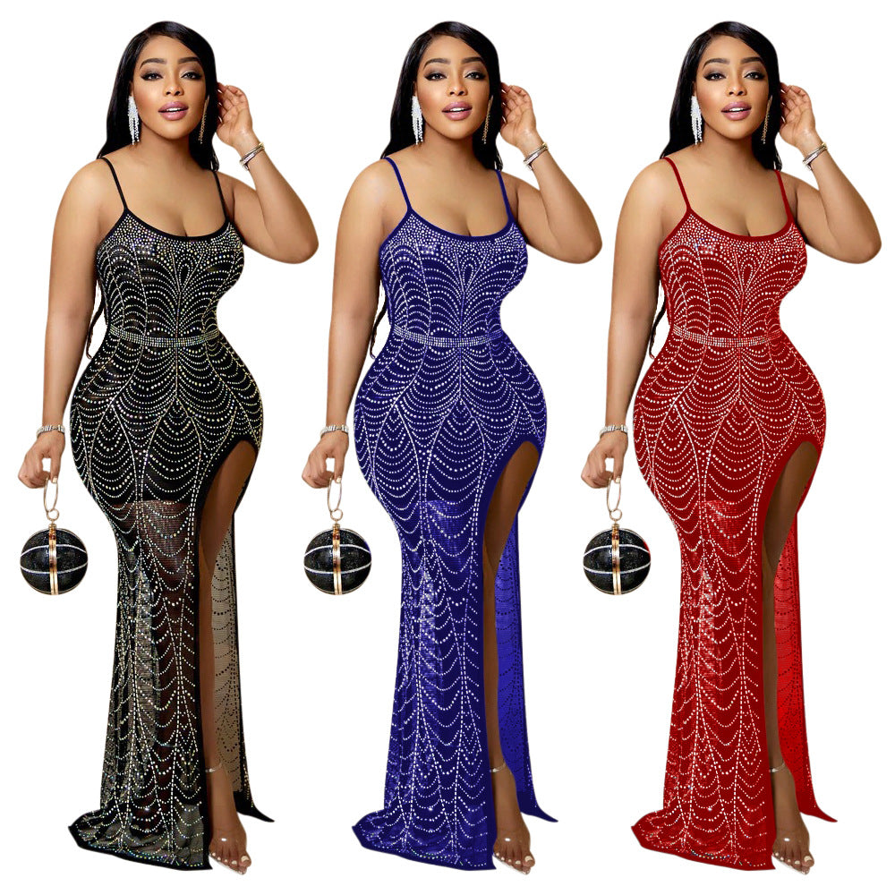 Sling Hot Drilling Split Leg Exposed Polyester Dress Ladies