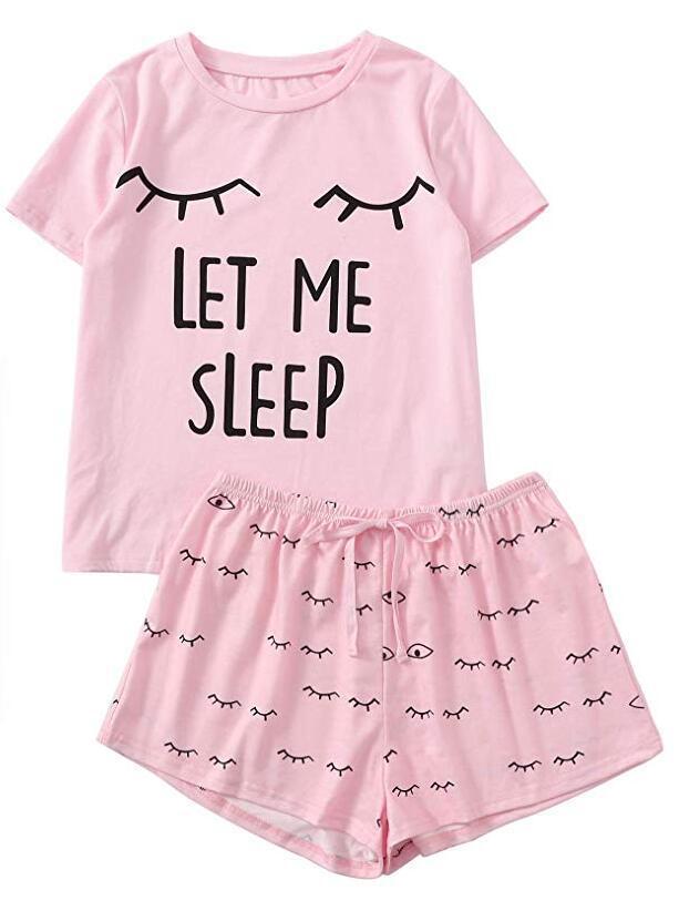 Traje de dos piezas de verano para mujer con estampado de letras y manga corta