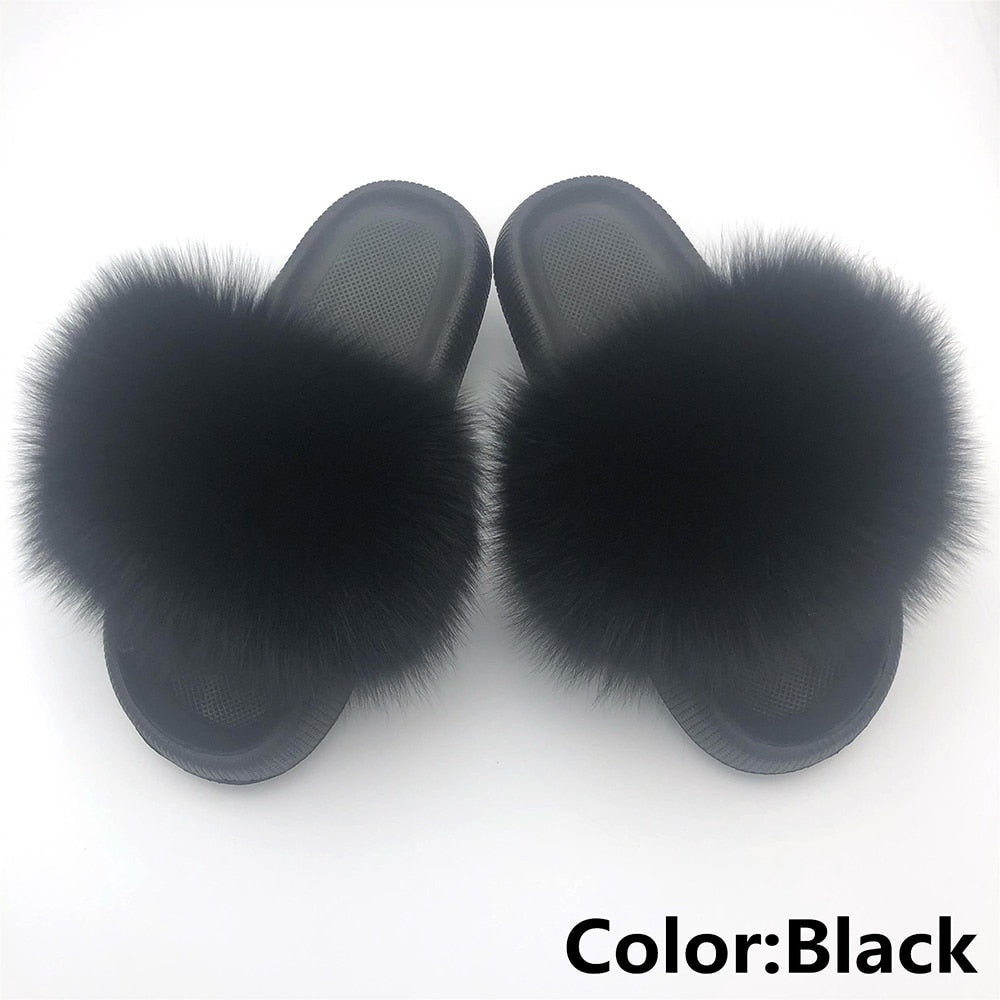 Chanclas de piel para mujer, pantuflas de casa mullidas, chanclas, zapatos de mujer, venta al por mayor, talla grande 44 45, pantuflas de plataforma de piel de zorro real de lujo