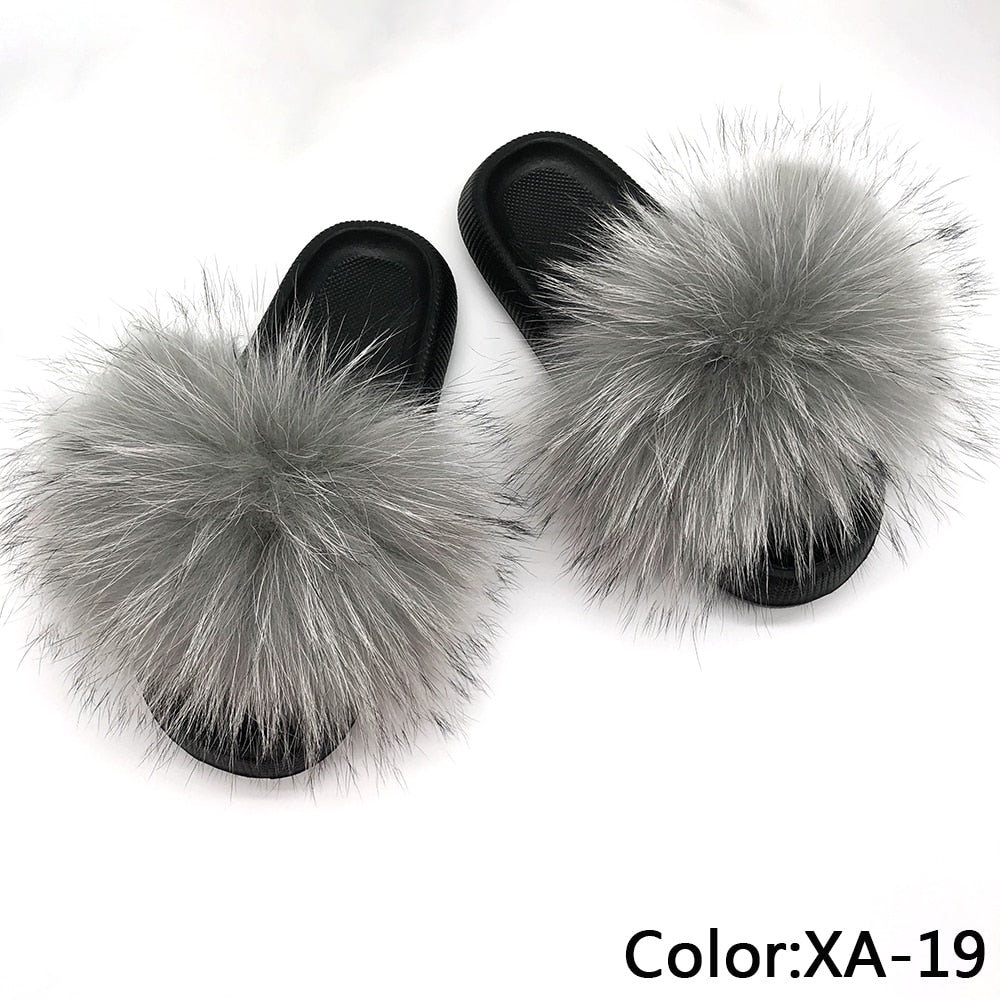 Chanclas de piel para mujer, pantuflas de casa mullidas, chanclas, zapatos de mujer, venta al por mayor, talla grande 44 45, pantuflas de plataforma de piel de zorro real de lujo