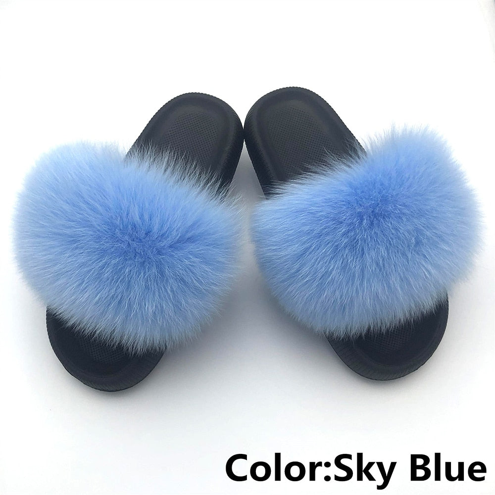Chanclas de piel para mujer, pantuflas de casa mullidas, chanclas, zapatos de mujer, venta al por mayor, talla grande 44 45, pantuflas de plataforma de piel de zorro real de lujo