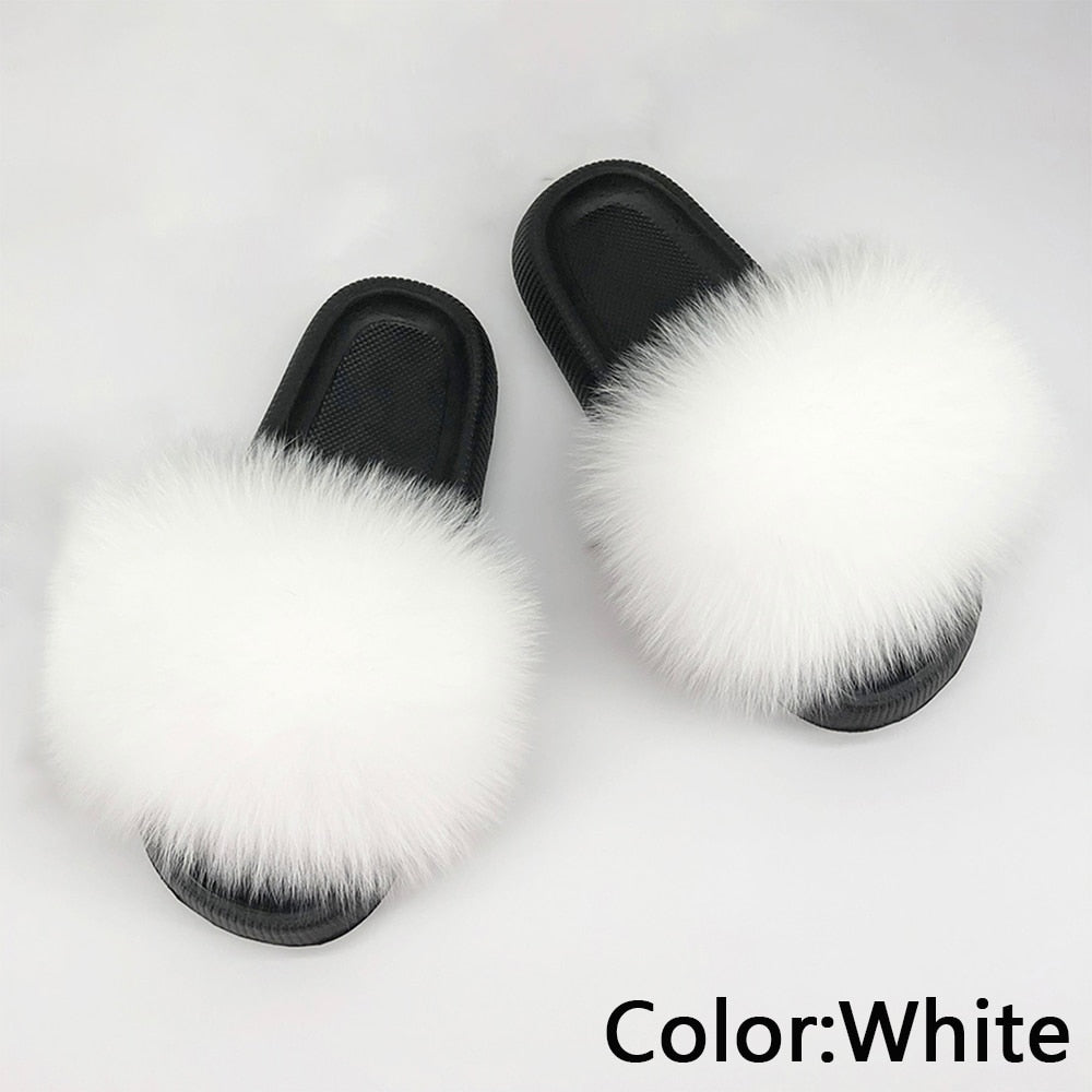 Chanclas de piel para mujer, pantuflas de casa mullidas, chanclas, zapatos de mujer, venta al por mayor, talla grande 44 45, pantuflas de plataforma de piel de zorro real de lujo