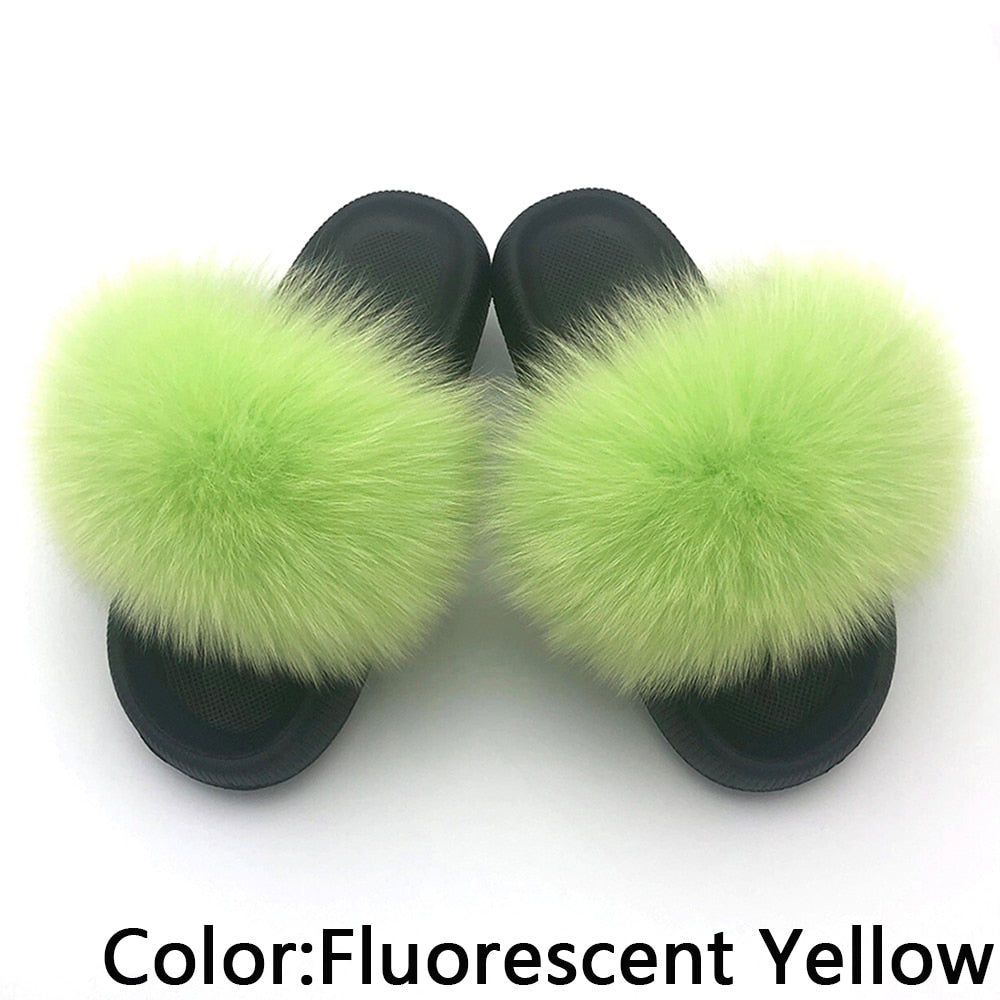 Chanclas de piel para mujer, pantuflas de casa mullidas, chanclas, zapatos de mujer, venta al por mayor, talla grande 44 45, pantuflas de plataforma de piel de zorro real de lujo