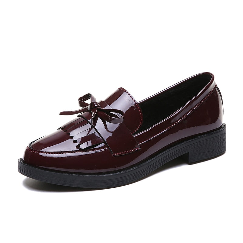 Zapatos planos de primavera para mujer, mocasines con lazo, de charol, con tacón bajo, sin cordones, con punta puntiaguda y tacón grueso