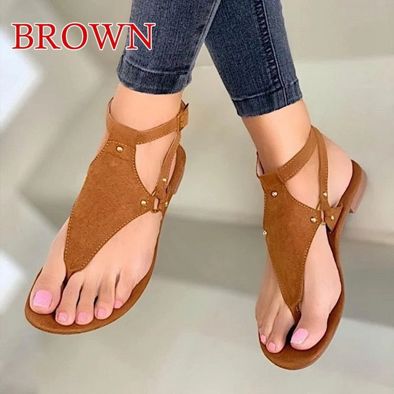 Sandalias de mujer 2023, sandalias de playa al aire libre de verano, sandalias de gladiador de moda sólidas, zapatos planos de mujer, zapatos casuales para mujer