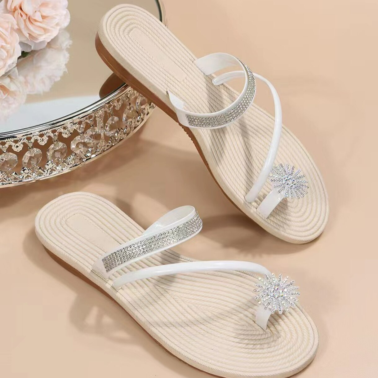 Zapatillas de playa de verano para mujer, sandalias elásticas con punta plana y tiras, sandalias casuales, zapatillas de playa, zapatos para mujer