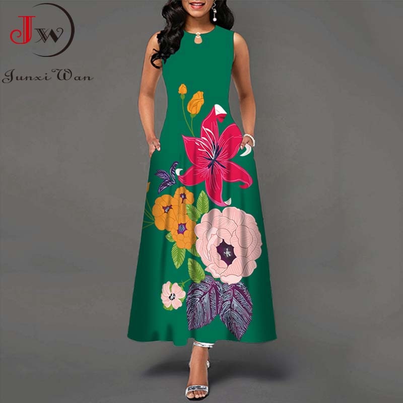 Summer Women Floral Printed Long Dresses Casual Sleeveless Beach Holiday Boho Maxi Dress Vestidos