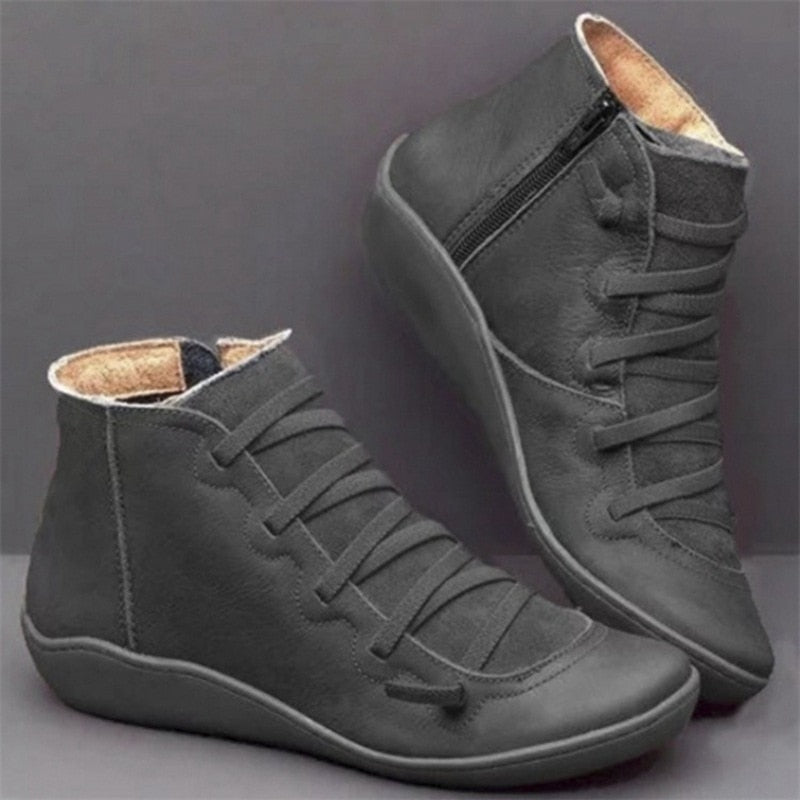 Snow Boots Women Winter Genuine leather Ankle Spring flat Shoes woman Short Vintage Boots With Fur for women lace up boots