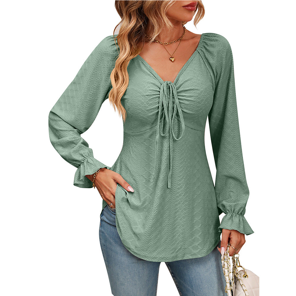 Nueva camiseta de manga larga sexy con cuello en V y cordón en la cintura de color sólido de estilo europeo y americano