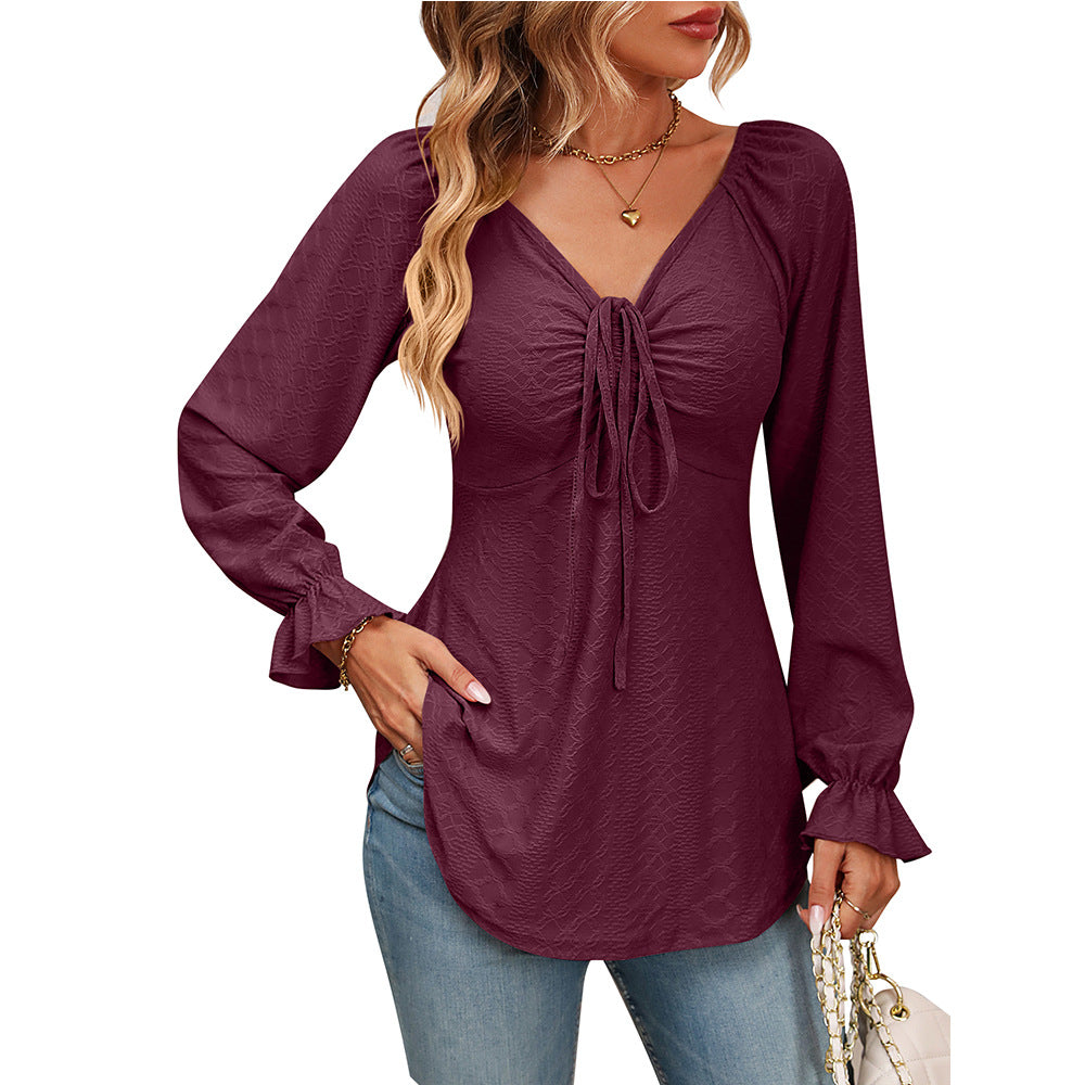 Nueva camiseta de manga larga sexy con cuello en V y cordón en la cintura de color sólido de estilo europeo y americano