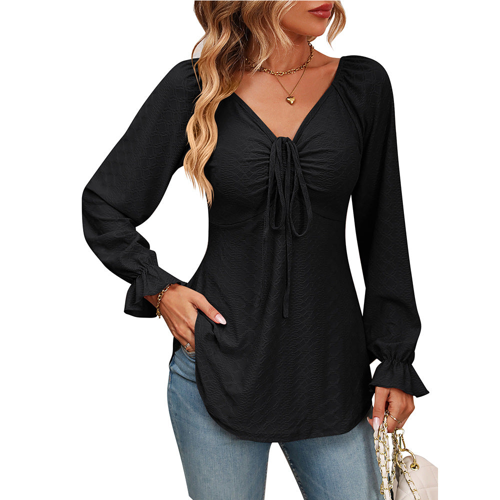 Nueva camiseta de manga larga sexy con cuello en V y cordón en la cintura de color sólido de estilo europeo y americano