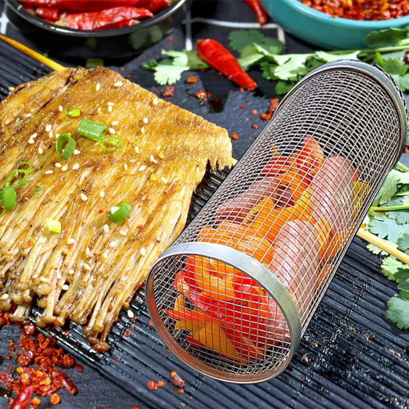 Cesta para asar con ruedas, cesta de metal para barbacoa, cesta de red portátil para acampar al aire libre, utensilios de cocina