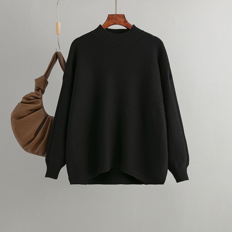 Retro Loose Oversized Long Sleeves Top Solid Color Pullover Sweater