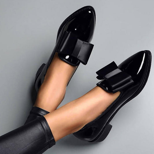 Zapatos planos de primavera para mujer, mocasines con lazo, de charol, con tacón bajo, sin cordones, con punta puntiaguda y tacón grueso