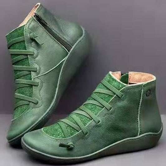 Botas de nieve para mujer, de piel auténtica, para invierno, hasta el tobillo, planas, para primavera, botas cortas vintage con piel, botas con cordones para mujer 2023