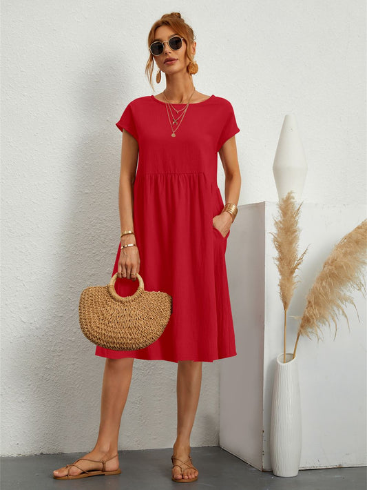 Women Casual Dresses Summer Vintage Style Female O-neck Solid Color Comfortable Knee-Length with Pockets