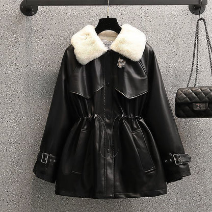 Abrigo de cuero con forro polar y cintura ajustada para mujer, de talla grande, de moda de invierno