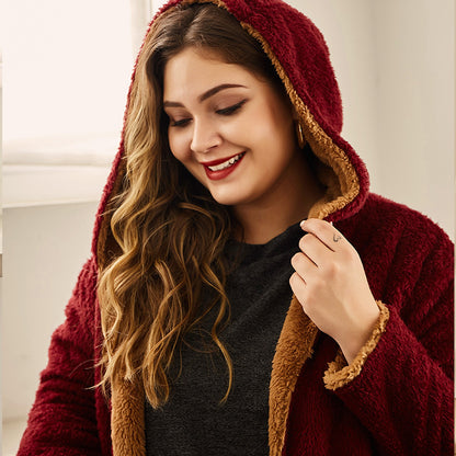 European And American Style Hooded Flocking Large Size Coat