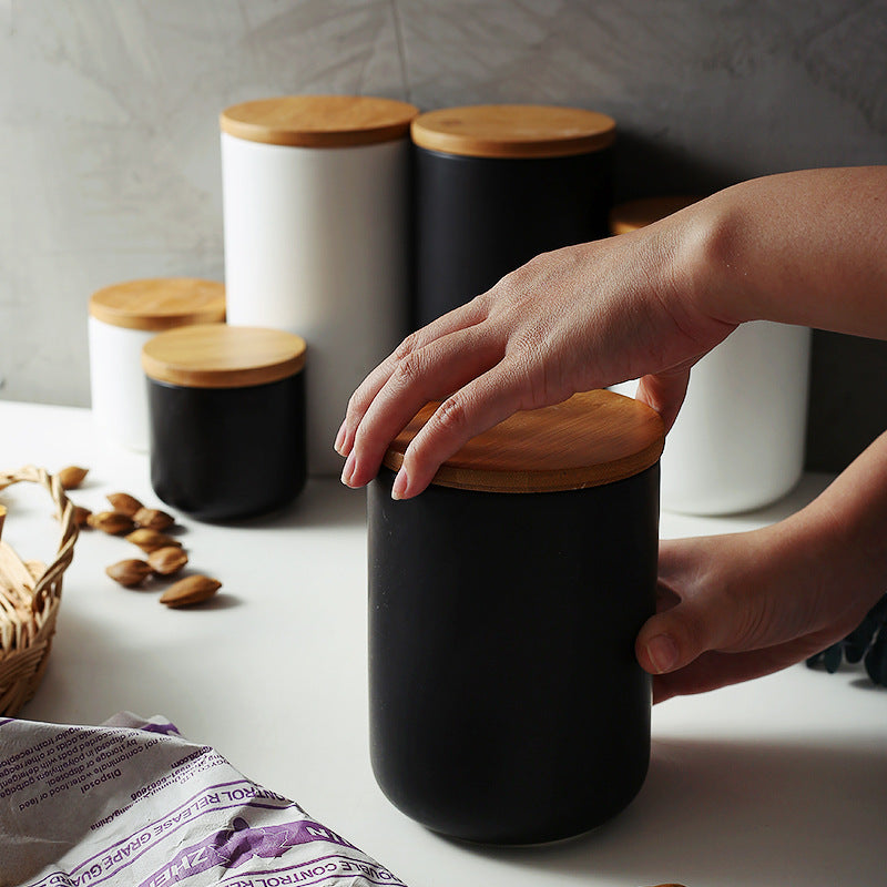 Tarro de almacenamiento sellado con tapa de madera y cerámica para cocina