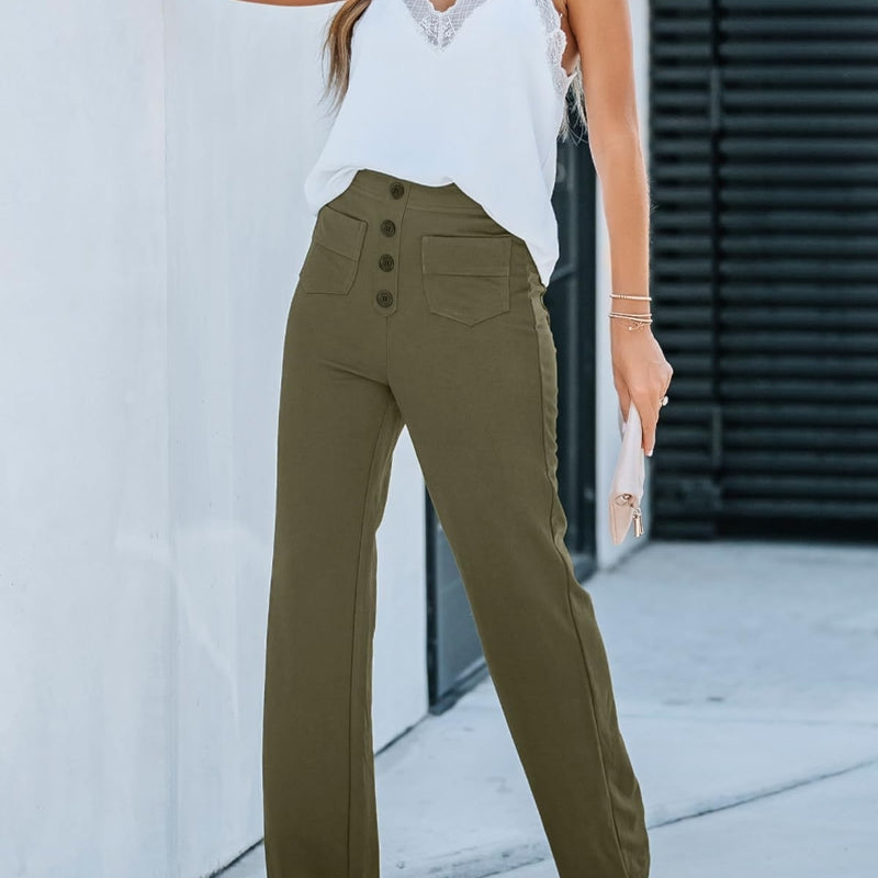 Pantalones rectos casuales de cintura alta con botones para mujer