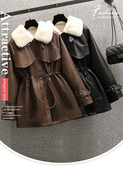 Abrigo de cuero con forro polar y cintura ajustada para mujer, de talla grande, de moda de invierno