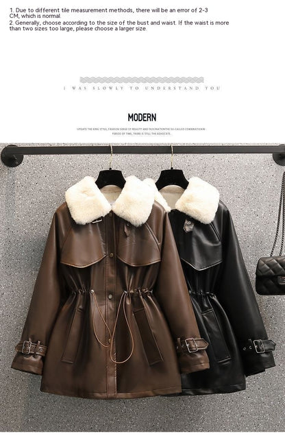 Abrigo de cuero con forro polar y cintura ajustada para mujer, de talla grande, de moda de invierno