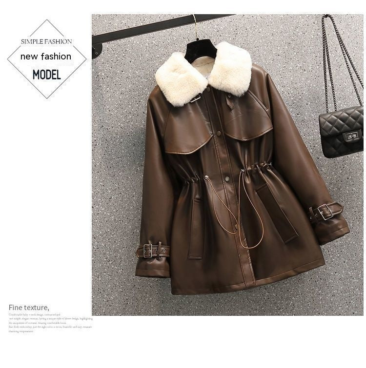 Plus Size Women's Winter Fashion Temperament Waist-controlled Fleece-lined Leather Coat