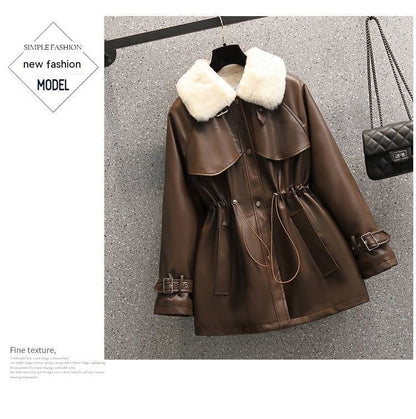 Abrigo de cuero con forro polar y cintura ajustada para mujer, de talla grande, de moda de invierno