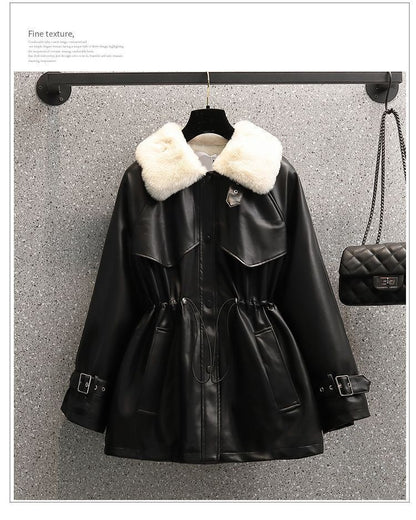 Abrigo de cuero con forro polar y cintura ajustada para mujer, de talla grande, de moda de invierno