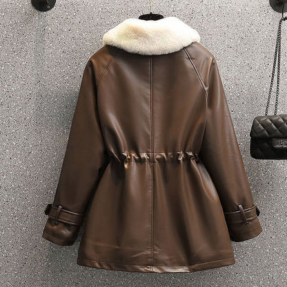 Abrigo de cuero con forro polar y cintura ajustada para mujer, de talla grande, de moda de invierno