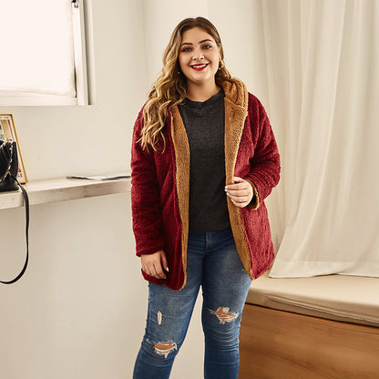 European And American Style Hooded Flocking Large Size Coat