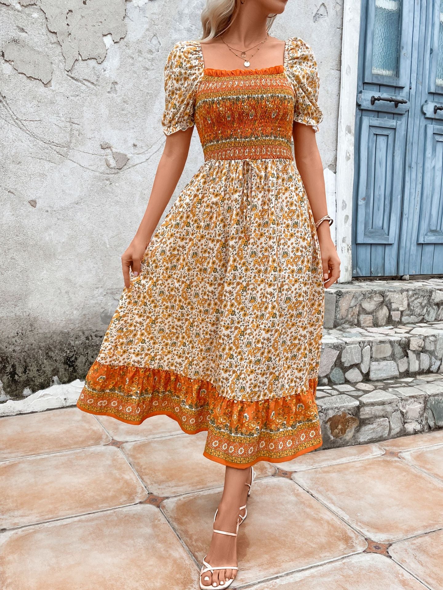 Vestido bohemio con cuello cuadrado y mangas abullonadas para mujer