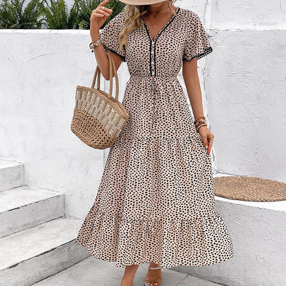 Vestido nuevo de verano con escote en V europeo y americano, estampado de leopardo