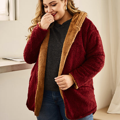 European And American Style Hooded Flocking Large Size Coat