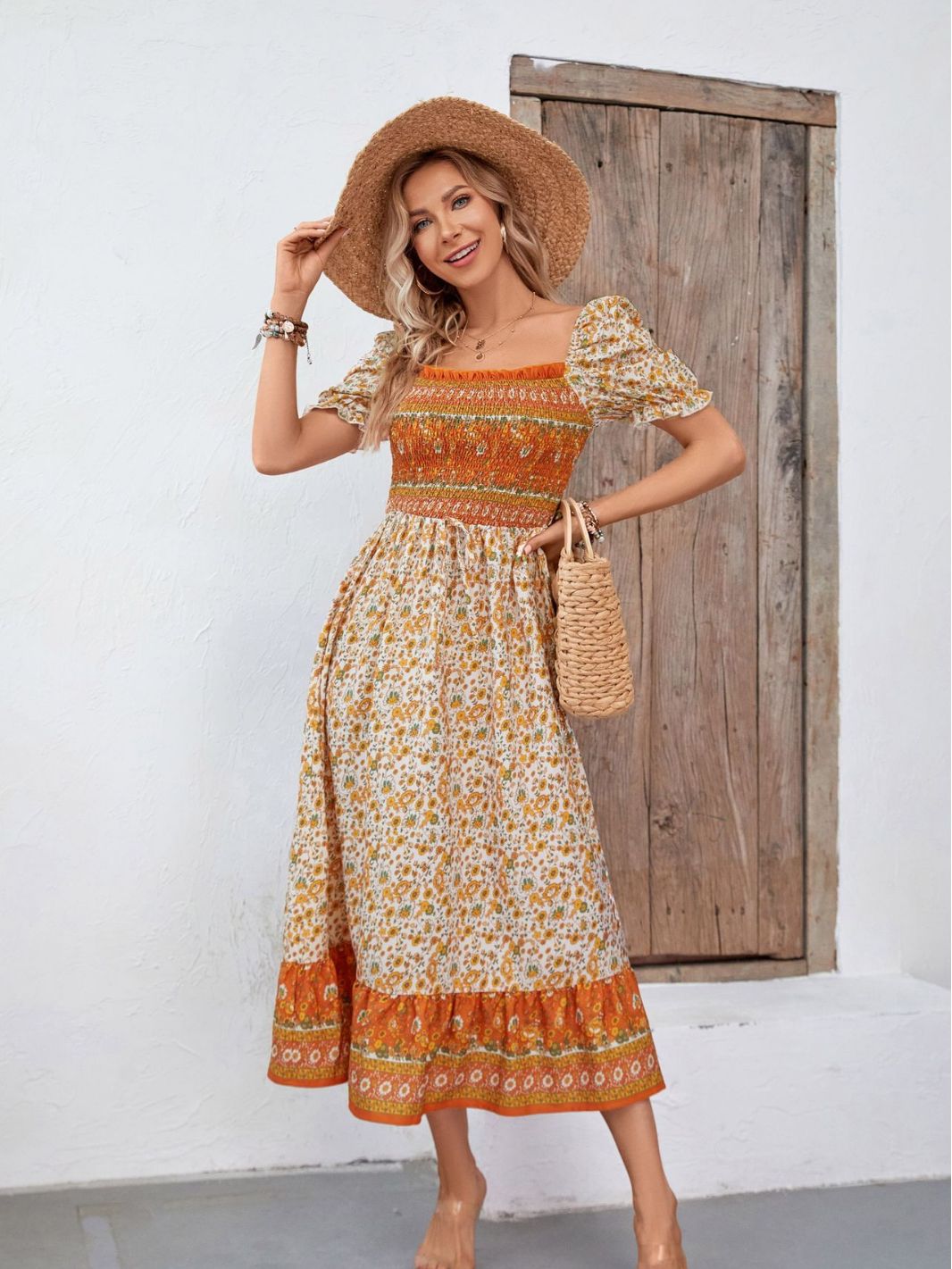 Vestido bohemio con cuello cuadrado y mangas abullonadas para mujer