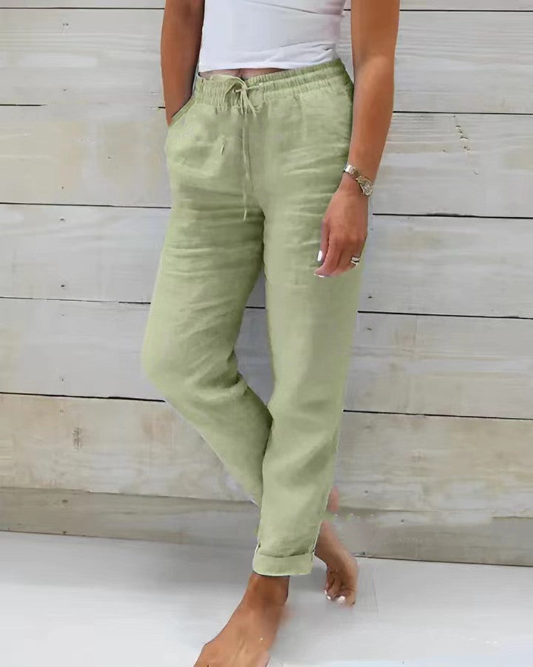 Pantalones casuales de algodón y lino de color sólido con cintura alta y cintura elástica para mujer