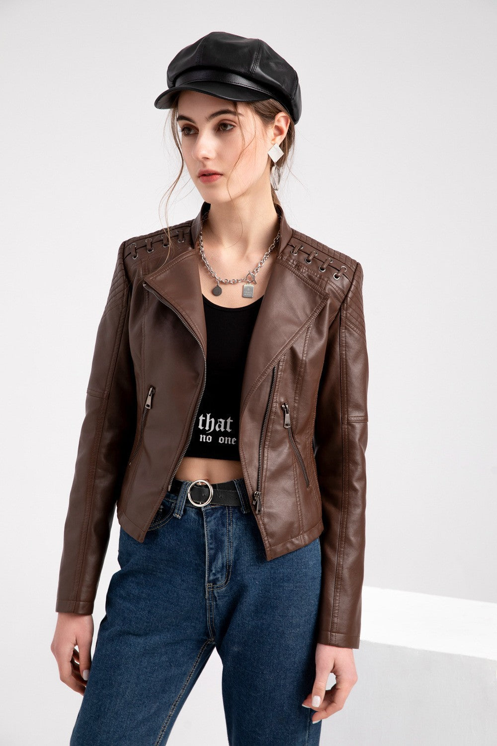 Chaqueta corta de cuero para mujer, moda juvenil, europea y americana