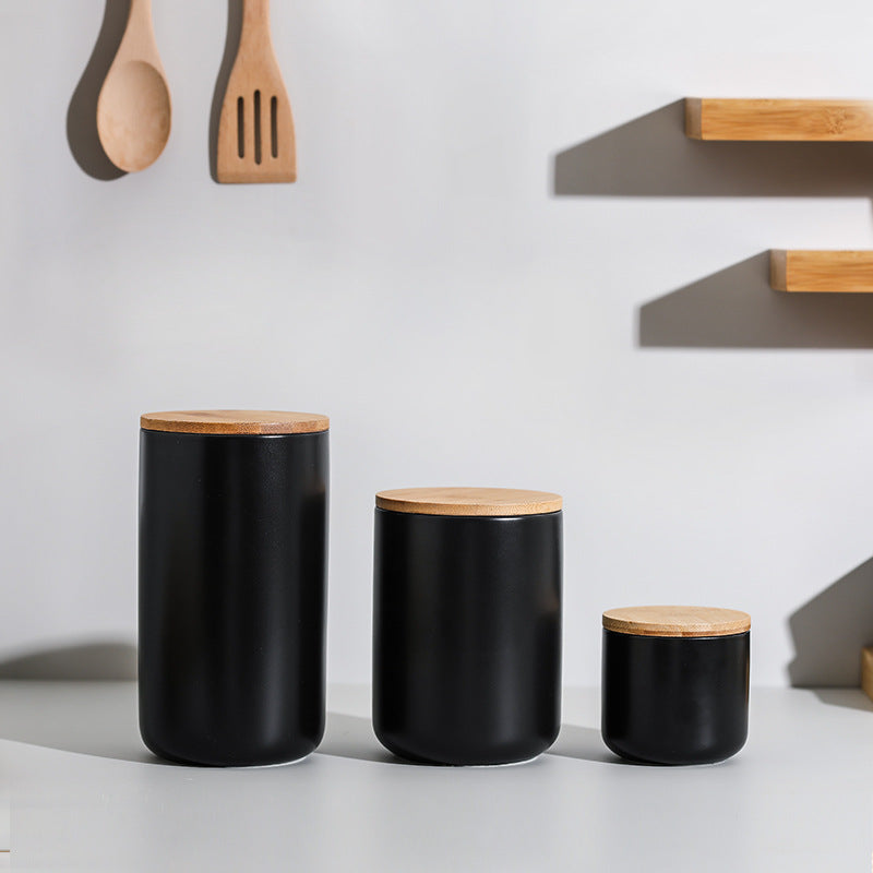 Tarro de almacenamiento sellado con tapa de madera y cerámica para cocina