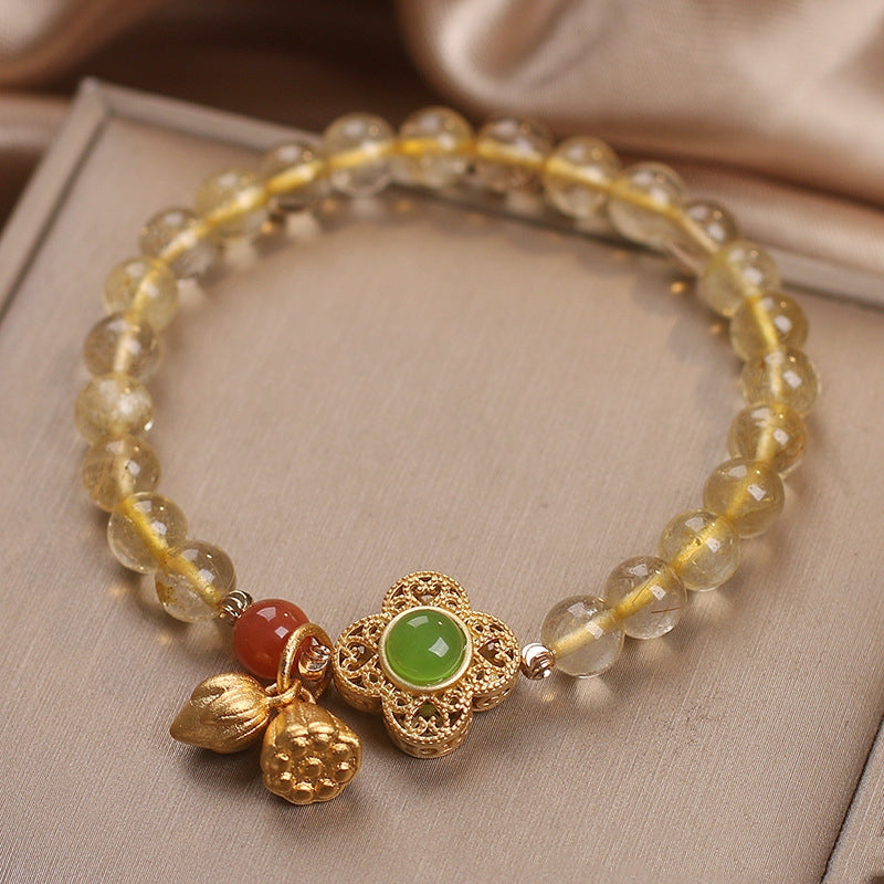 Pulsera de citrino natural con colgante de flores de dos piezas de estilo étnico para mujer