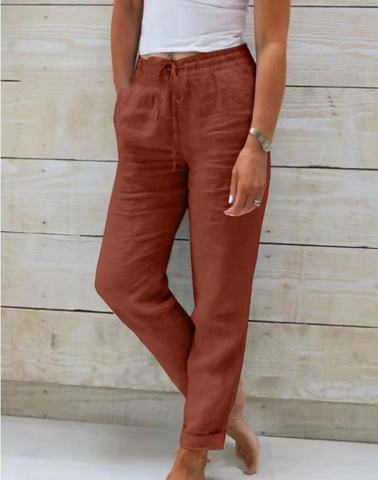 Pantalones casuales de algodón y lino de color sólido con cintura alta y cintura elástica para mujer