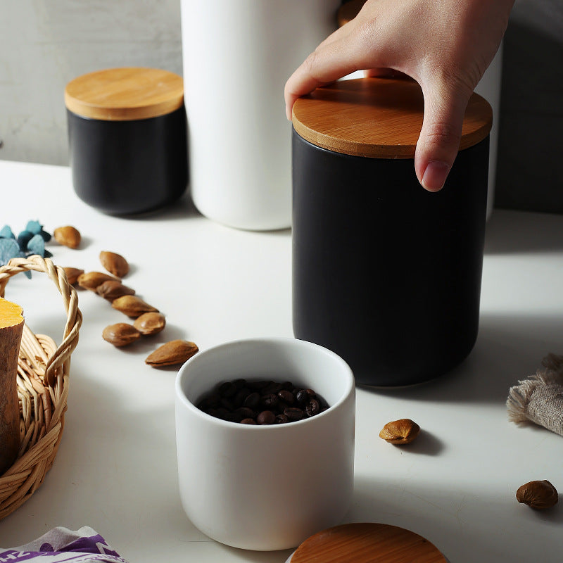 Tarro de almacenamiento sellado con tapa de madera y cerámica para cocina