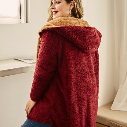 European And American Style Hooded Flocking Large Size Coat