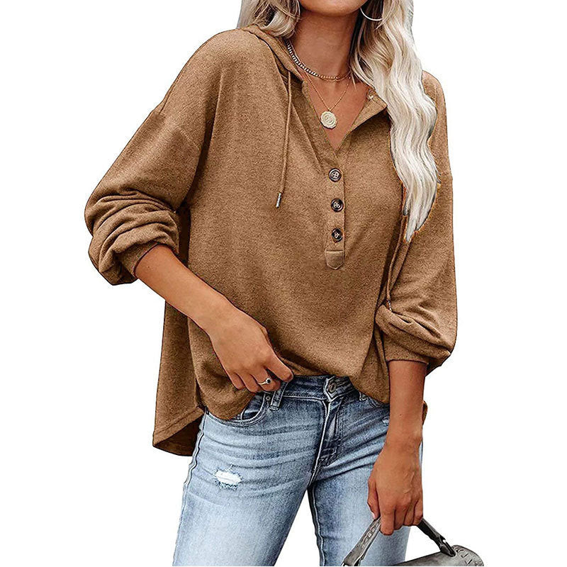 V-neck Long Sleeved Hooded Sweater Women's Sports Pullover Sweatshirt