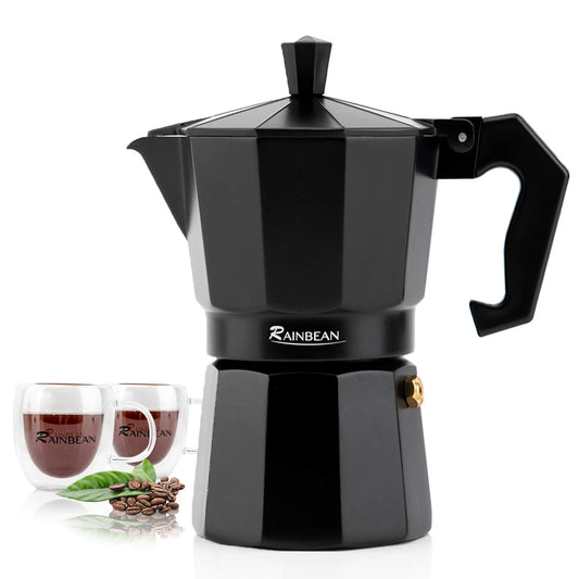 Cafetera espresso para estufa, cafetera espresso, cafetera moka, cafetera clásica, cafetera de percolador, cafetera espresso italiana para gas o eléctrica, aluminio, color negro, paquete de regalo con 2 tazas, plataforma de Amazon prohibida