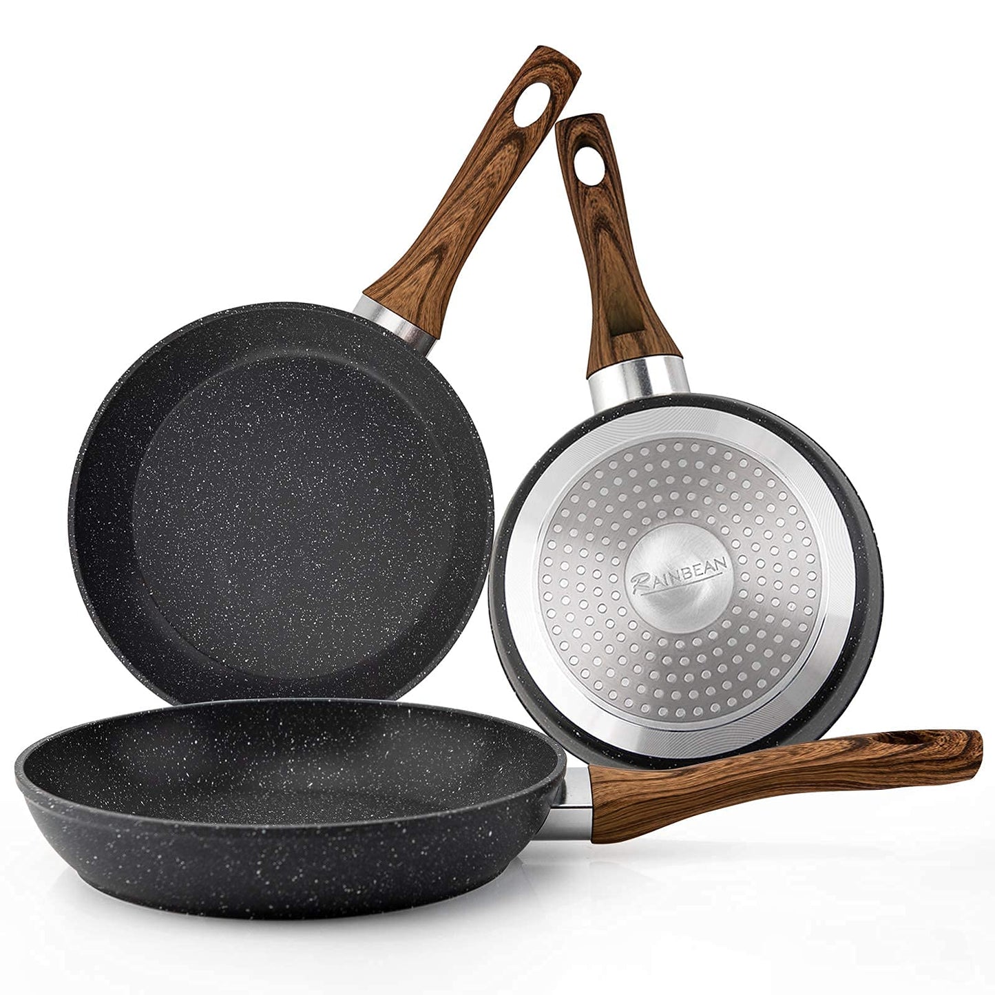 Juego de sartenes antiadherentes de 3 piezas, juego de utensilios de cocina Woks, mango de baquelita con efecto madera ergonómico resistente al calor, sin PFOA