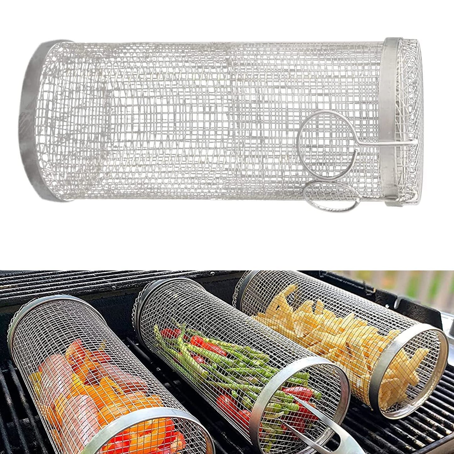 Cesta para asar con ruedas, cesta de metal para barbacoa, cesta de red portátil para acampar al aire libre, utensilios de cocina