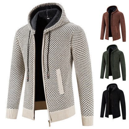 Suéter con capucha para hombre, tejido de punto, forro polar, terciopelo con grosor añadido, cárdigan cálido con forro polar