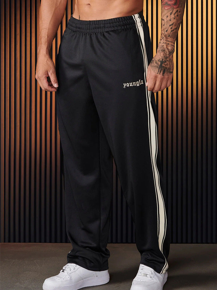 Pantalones casuales con costura de cinta en blanco y negro para hombre, bordados a rayas, para fitness y deportes